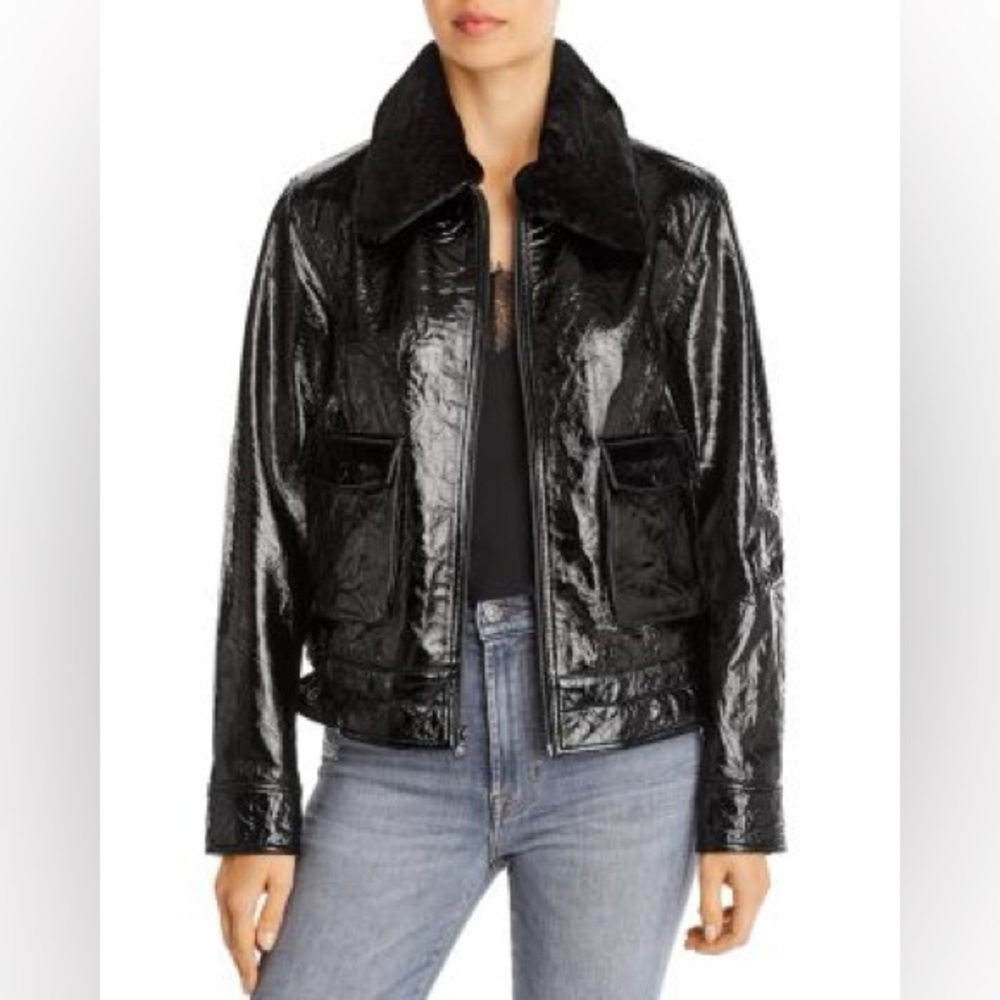 7 For All Mankind Shiny Black Genuine Leather Jacket NWT size X-Small